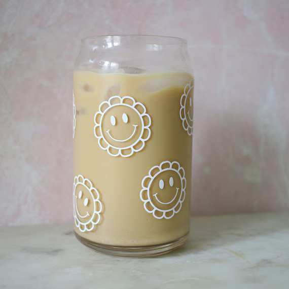 Smiley Face Flower Beer Can Glass With Lid  Iced Coffee Glass | Etsy | Etsy (US)