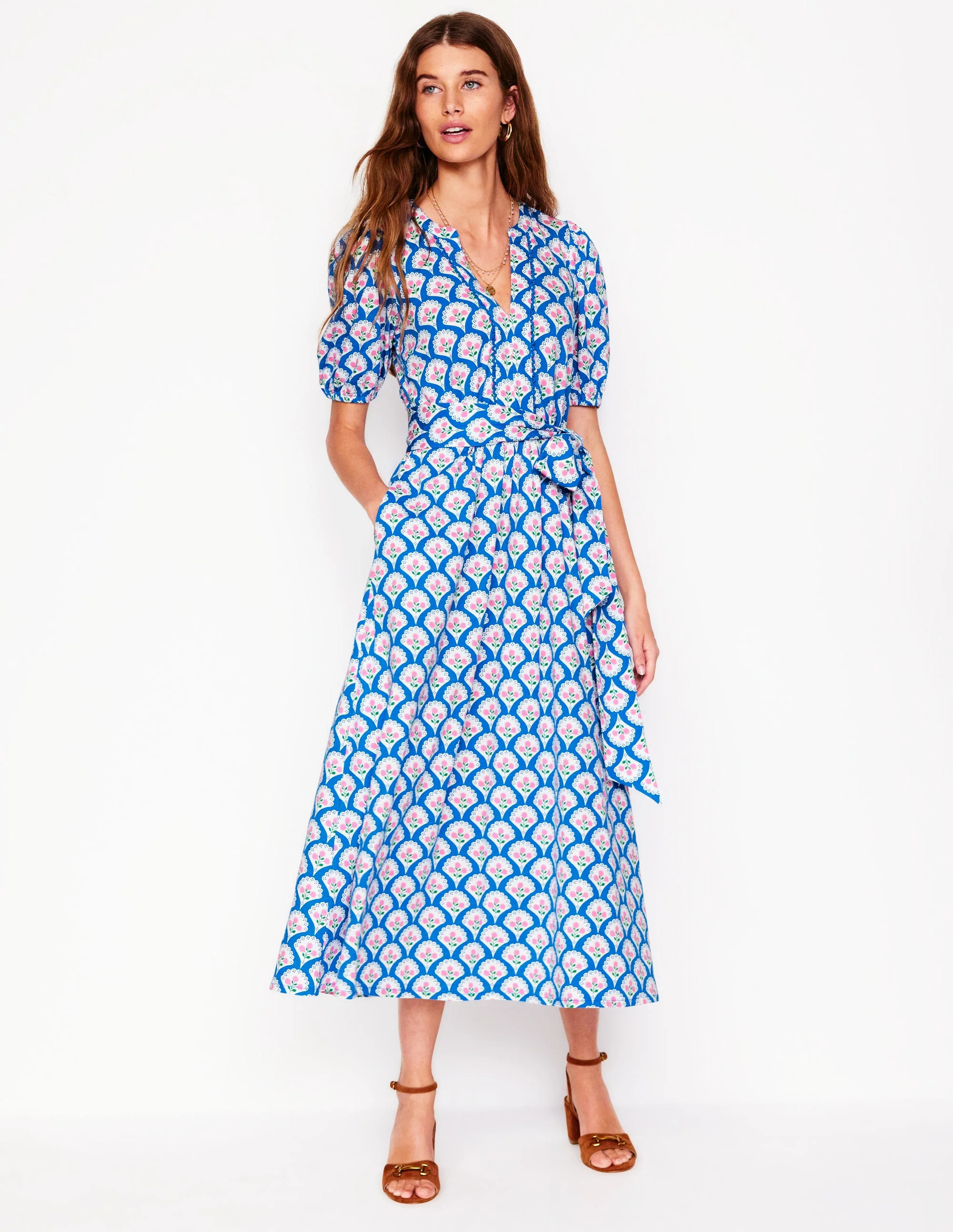 Sofia Trim Jersey Midi Dress-Bright Blue, Blossom Terrace | Boden (US)