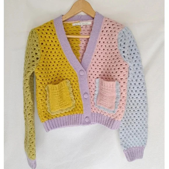 English Factory Cardigan Colorblock Crochet Sweater XS Pastel Pink Purple Yellow | Poshmark