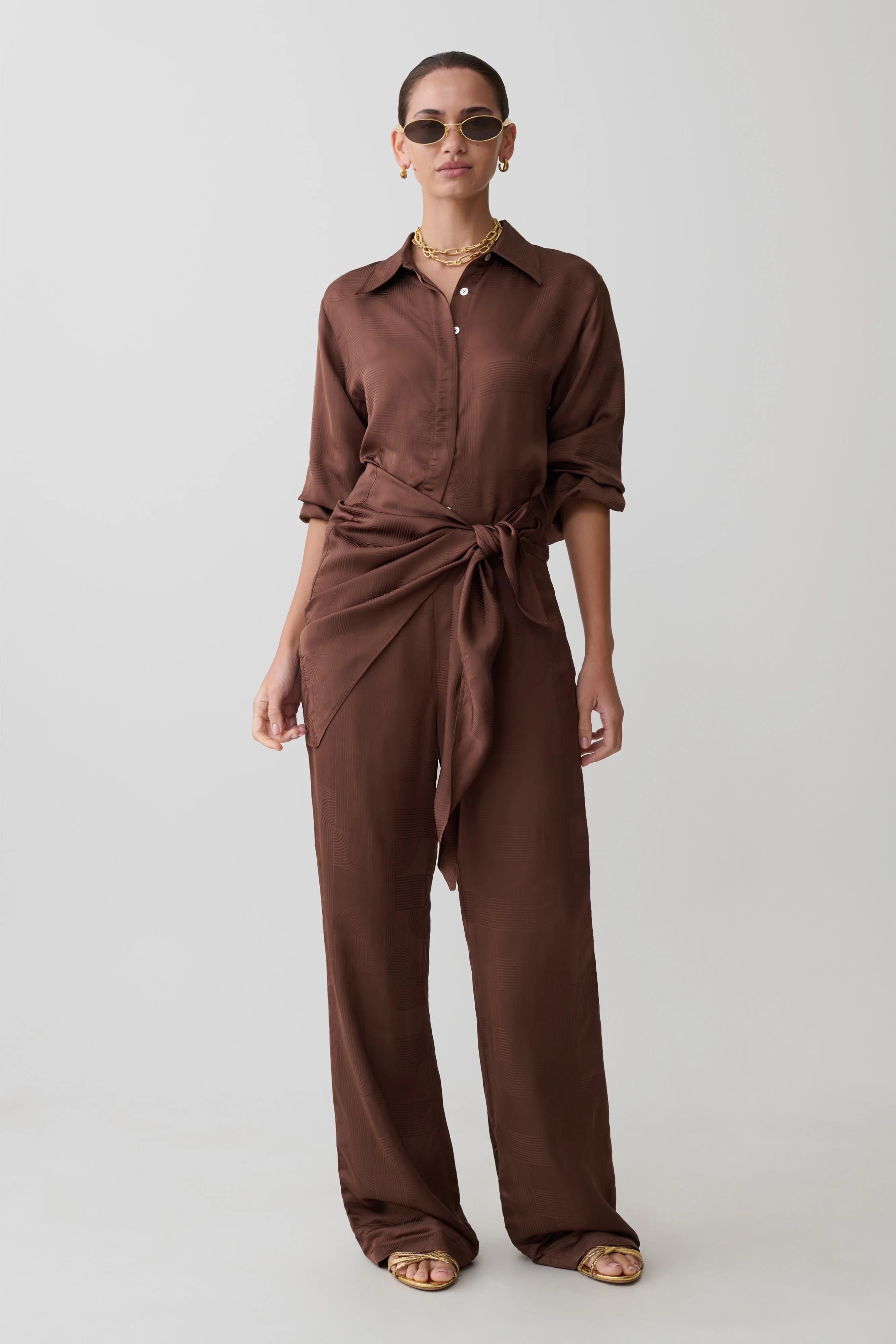 Gia Wrapped Tie Satin Pants - Chocolate | Meshki (APAC)
