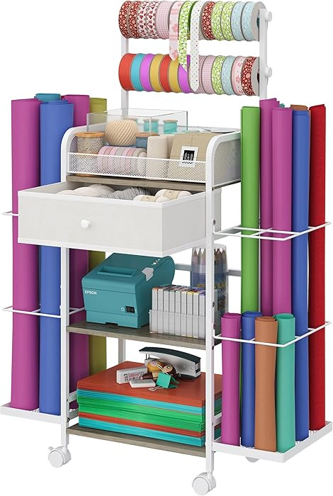 Rolling Craft Cart with Wrapping Paper Stoarge & Fabric Drawer, Washi Tape Holder, Vinyl Roll Rac... | Amazon (US)