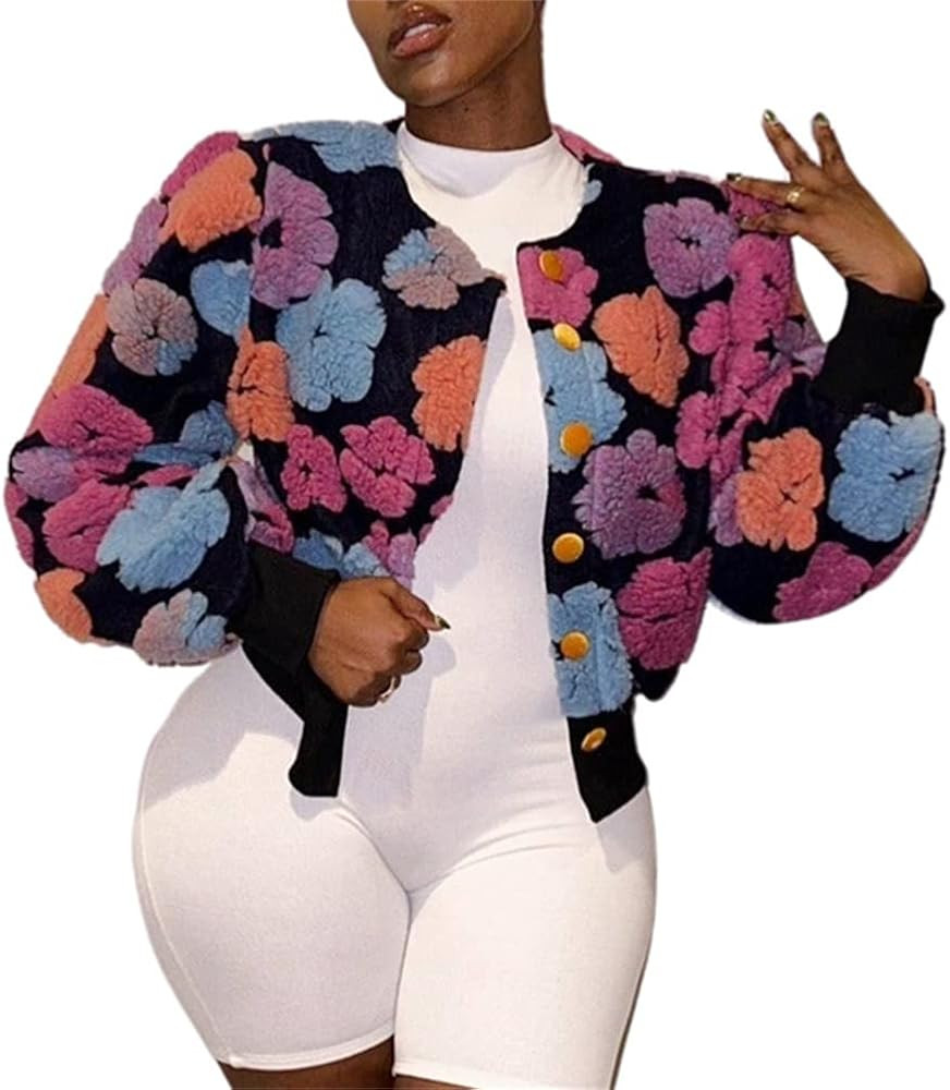 HOULENGS Women's Cropped Floral Print Fleece Bomber Jacket Casual Puff Sleeve Button Down Coats W... | Amazon (US)