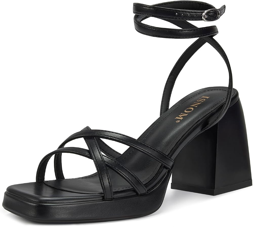 ISNOM Women Platform Heels Comfortable Strappy Heels Short Block Chunky Sandals Ankle Strap Simpl... | Amazon (US)