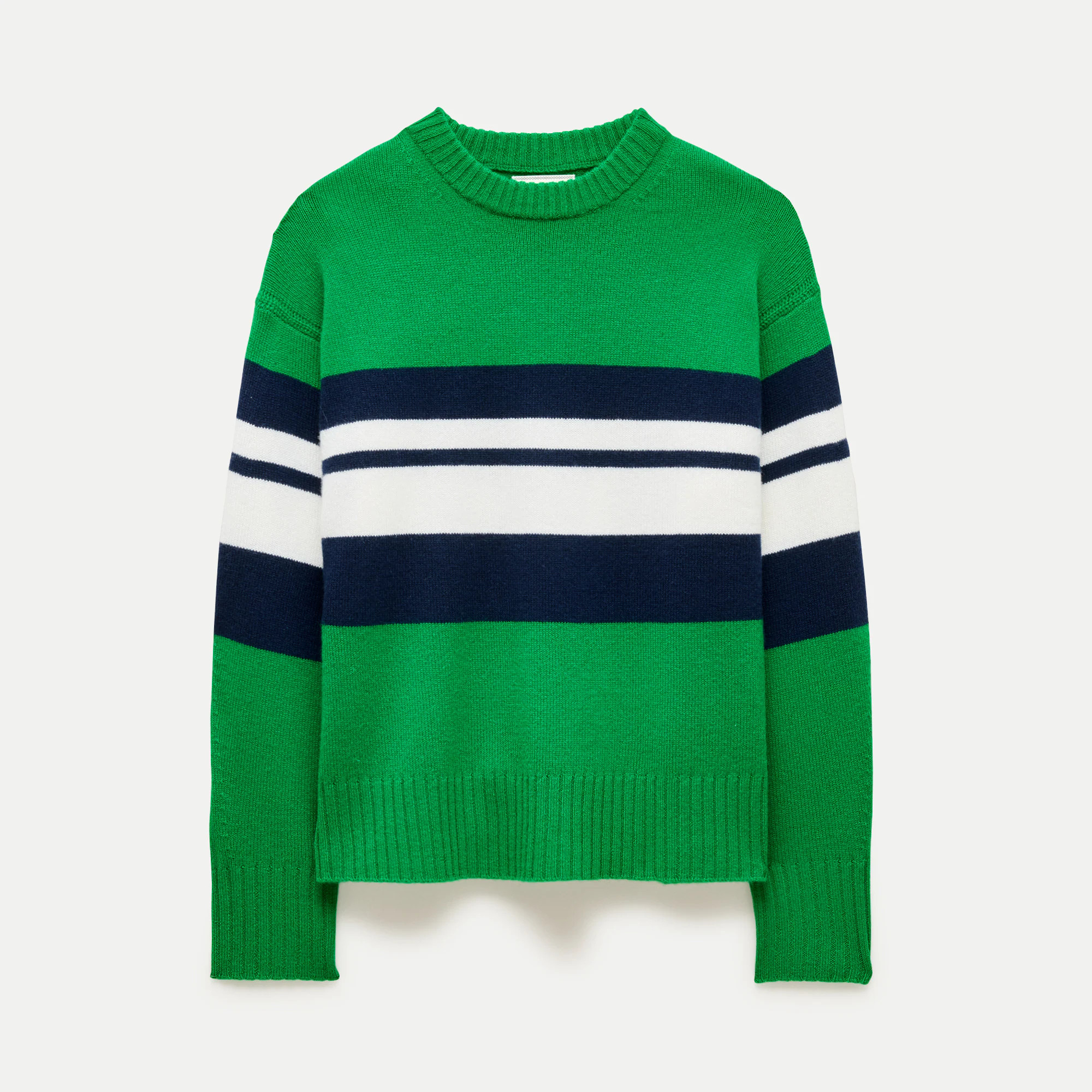 Oversized cashmere crewneck sweater in placed stripe | J. Crew US