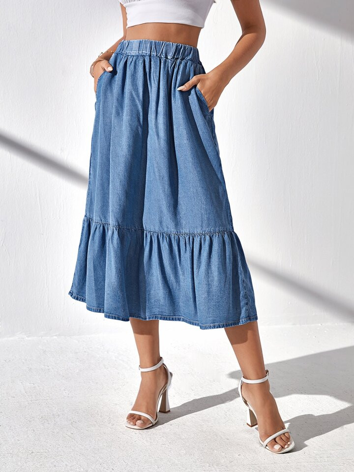 SHEIN Privé Women's Casual Denim-Look A-Line Skirt For Summer | SHEIN