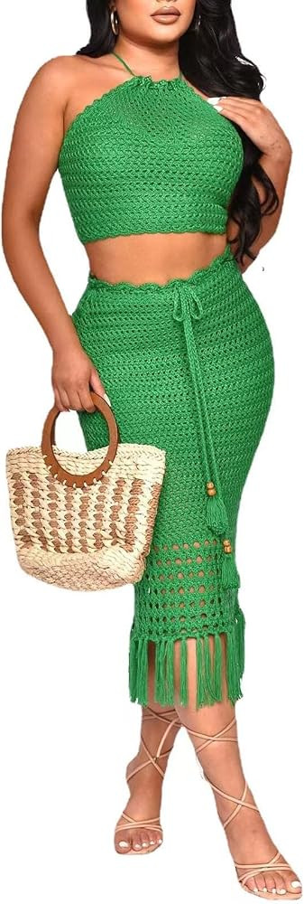 Women Plus Two-Piece Skirt Set Tassel Fishing Net Knittin Hollow Out Off Shoulder Beach Dresses S... | Amazon (US)