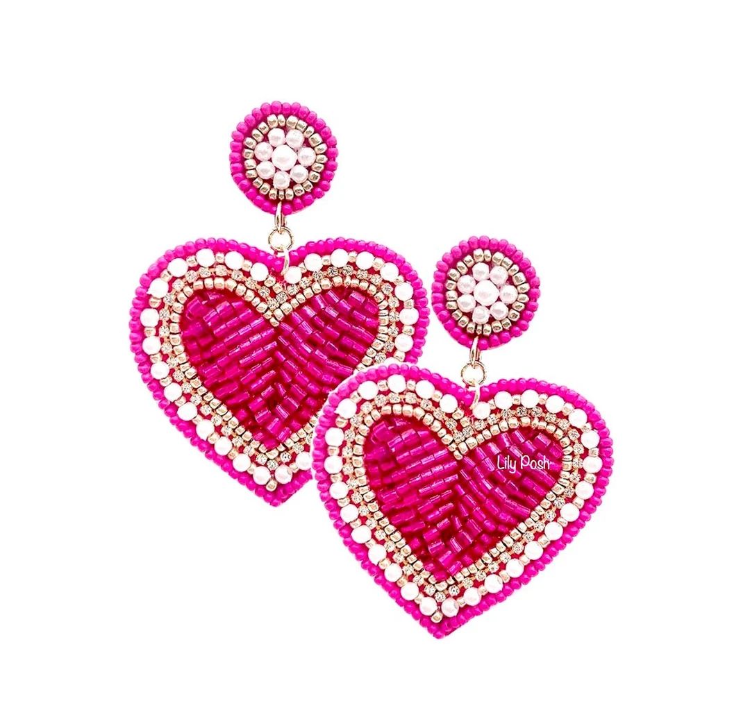 Heart Earring, Seed Bead Statement Earring, Embellished Heart Earring, Fuchsia Heart Earring, Gif... | Etsy (US)