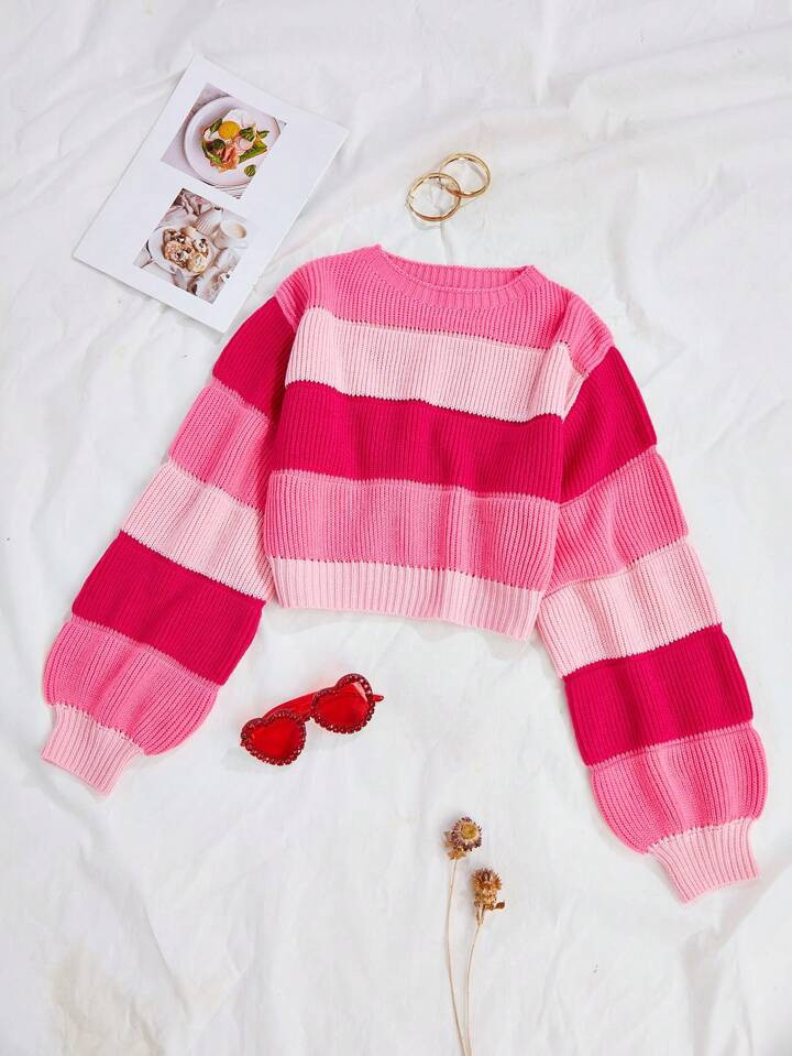 SHEIN Qutie Colorblock Lantern Sleeve Crop Sweater | SHEIN