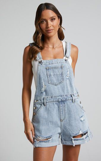 Rheana Overalls - Recycled Cotton Denim Short Overalls in Mid Blue Wash | Showpo (US, UK & Europe)