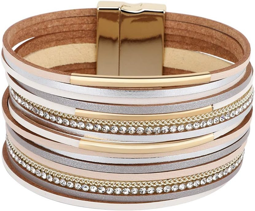 Emibele Layered Leather Bracelet, Rivet Leopard Print Bohemian Style Multilayer Wrap Bracelet, Ha... | Amazon (US)