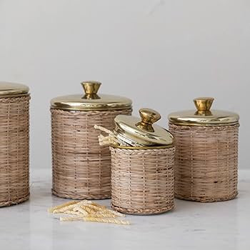 Creative Co-Op Rattan Wrapped Stainless Steel Canisters, Set of 4, Brass Finish Food Storage, 6" ... | Amazon (US)