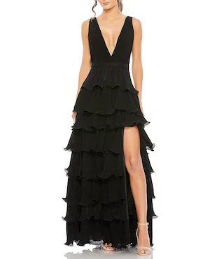 Deep V-Neck Sleeveless Ruffle Tiered Thigh High Slit Gown | Dillard's