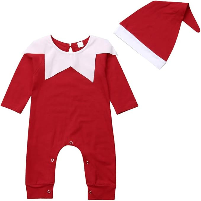 Newborn Baby Boy Girl Christmas Outfit Elf Costume with Hat Toddler Infant Long Sleeve Romper One... | Amazon (US)