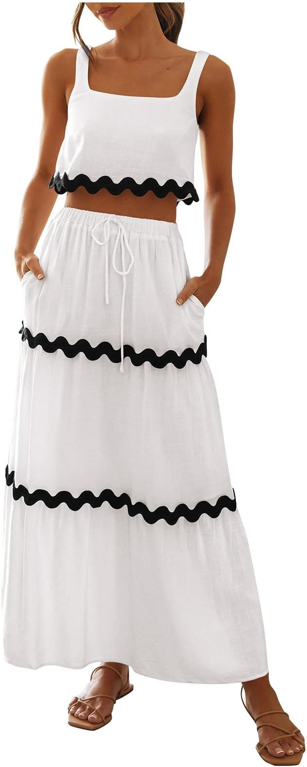 Generic Women's 2024 Summer Two Piece Vacation Beach Outfits Cute Sleeveless Cropped Tank Tops An... | Amazon (US)