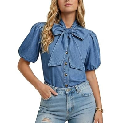 Denim Top Women Button Down Short Puff Sleeve Jean Shirt Bow Tie Neck Work Blou… | Amazon (US)