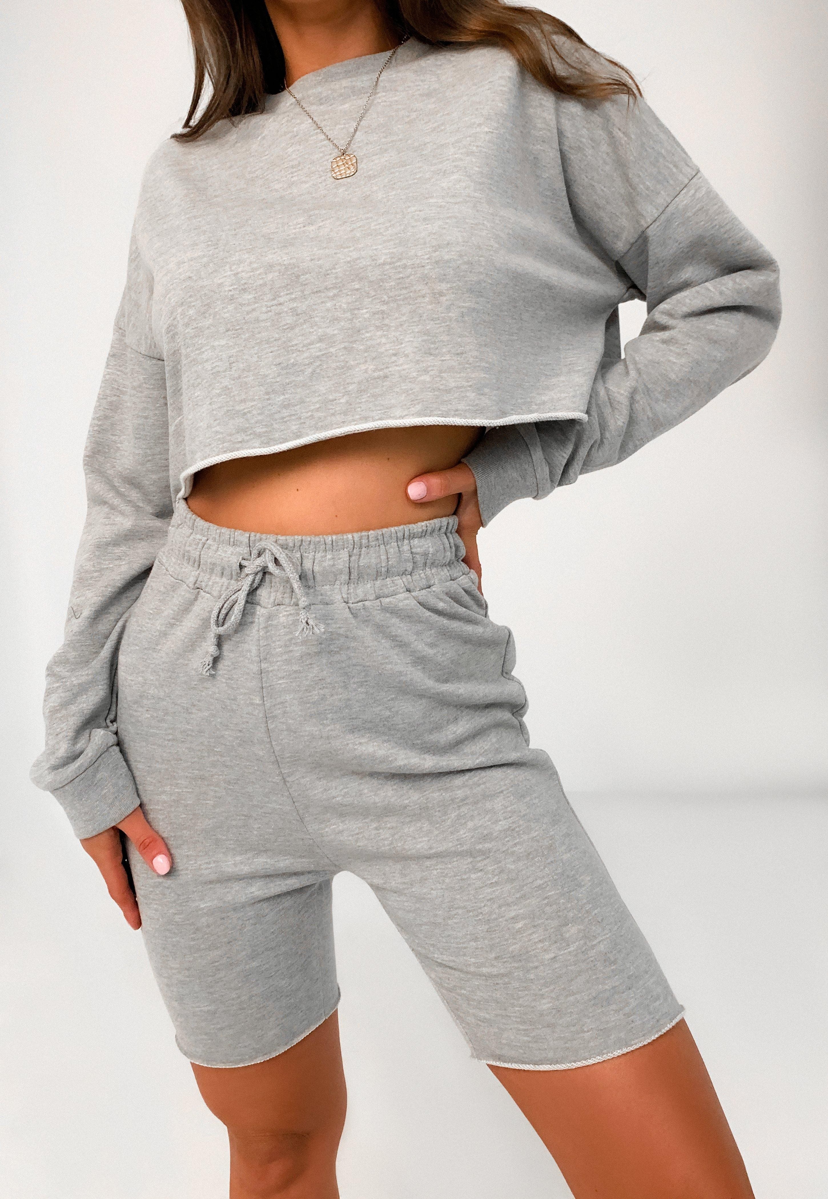 Gray Marl Crop Sweatshirt And Drawstring Shorts Co Ord Set | Missguided (US & CA)