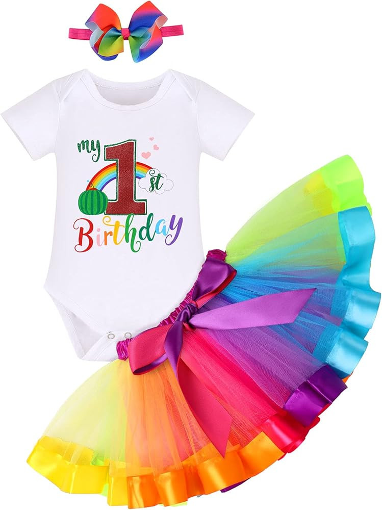 Toddler Baby Girls Melon 1st 2nd 3rd Birthday Outfit Romper Top Rainbow Tutu Skirt Headband Photo... | Amazon (US)