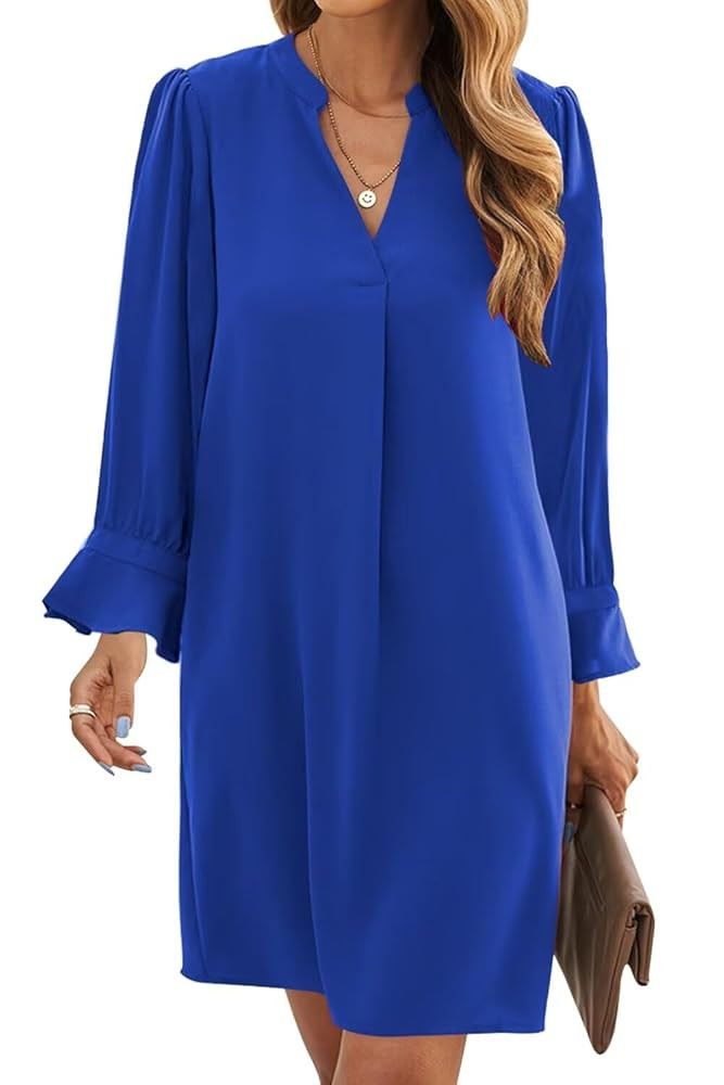 Wkior Long Sleeve Dress for Women V Neck Casual Cute Loose Flowy Swing Shift Dresses(S-2XL) | Amazon (US)