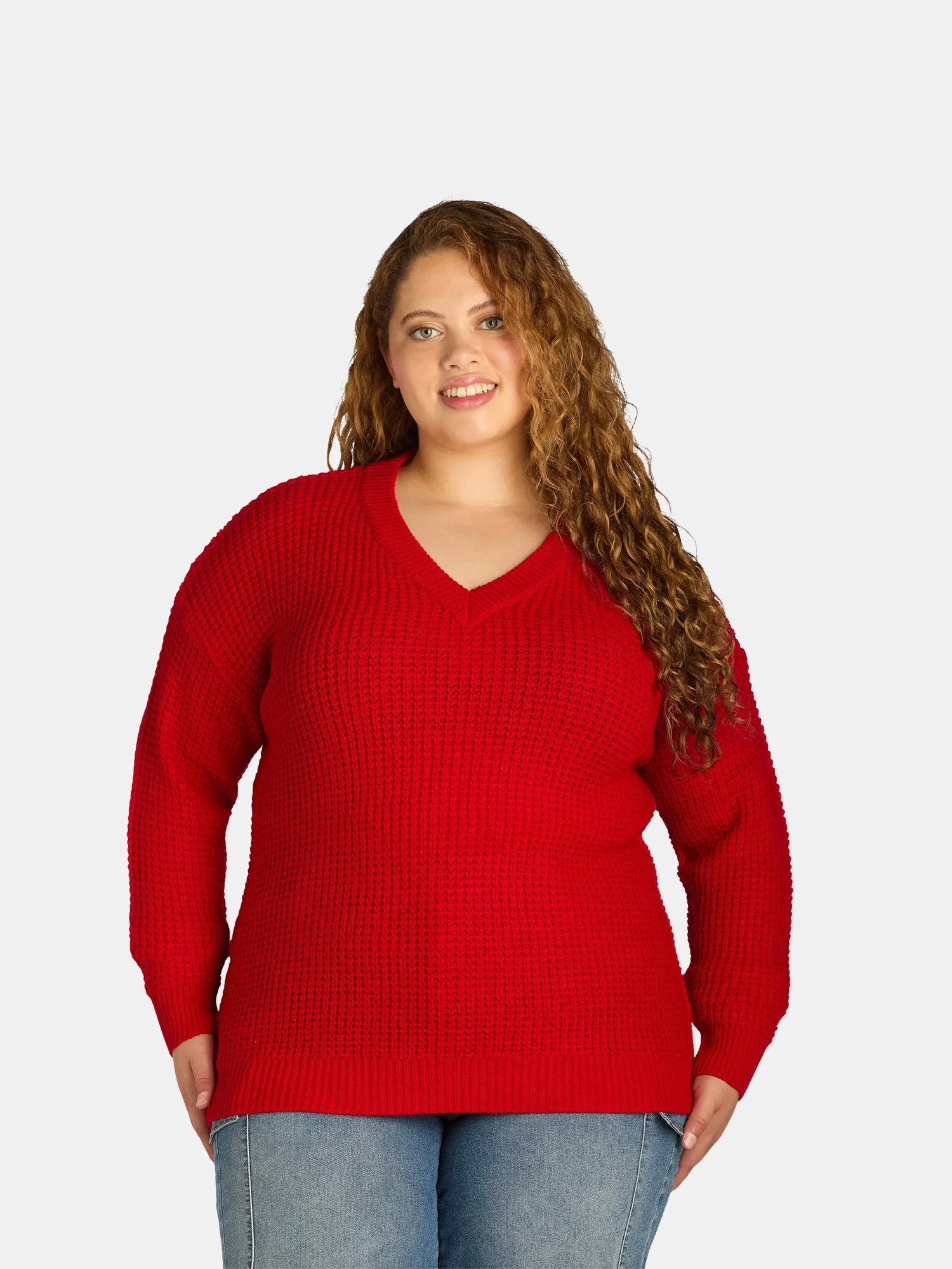 What's Next Women's Plus Waffle Knit V Neck Sweater, Lightweight, Sizes 1X-4X | Walmart (US)