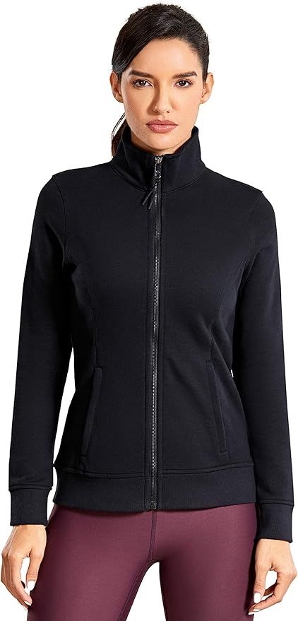 CRZ YOGA Women's Cotton Full Zip Workout Jacket Running Track Jacket - Slim Fit | Amazon (US)