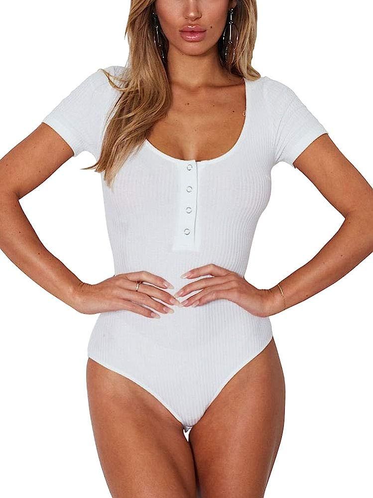 Womens Short Sleeve Button Down Shirt Sexy Summer Tops Basic Backless Bodysuit | Amazon (US)