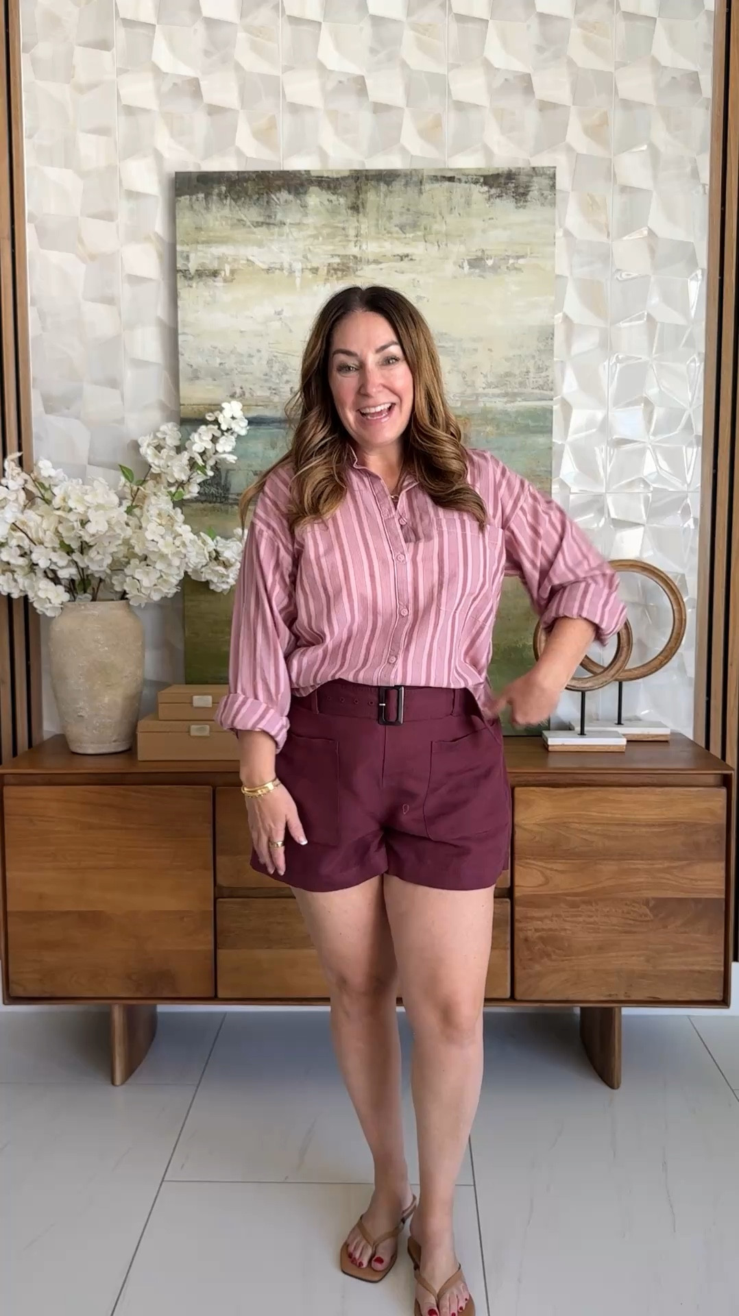 @loft Easy everyday summer outfit with berry shorts and a striped button down

📏sizing: shirt tts, L // shorts are pull on style tts, 12

#LTKMidsize #LTKSaleAlert #LTKOver40