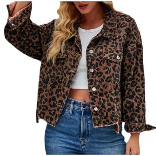 Generic Womens Denim Jacket Fashion Leopard Print Retro Bomber Jackets Roll up Long Sleeve Collared Button down Outerwear, Small, Brown | Amazon (US)