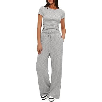 Darong Women's 2 Piece Set Outfits Lounge Sets Ruched Short Sleeve Tops High Waisted Wide Leg Pan... | Amazon (US)