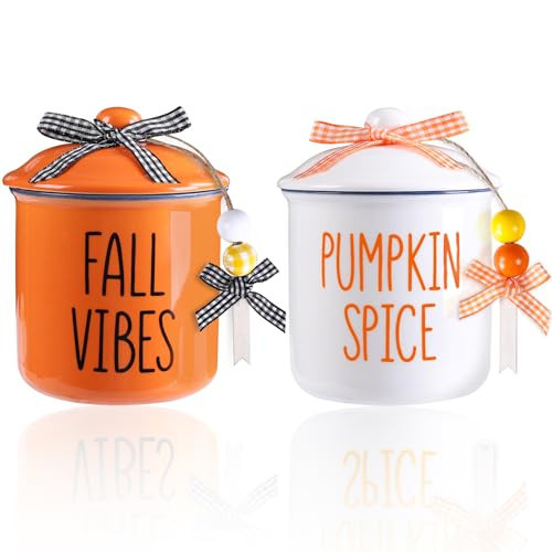 DIYDEC 2pcs Fall Ceramic Canisters Thanksgiving Ceramic Cup Mini Jar Candy Holder with Lid Wooden Beads Autumn Tiered Tray Decor for Fall Home Harvest Table Farmhouse Supplies Thanksgiving | Amazon (US)