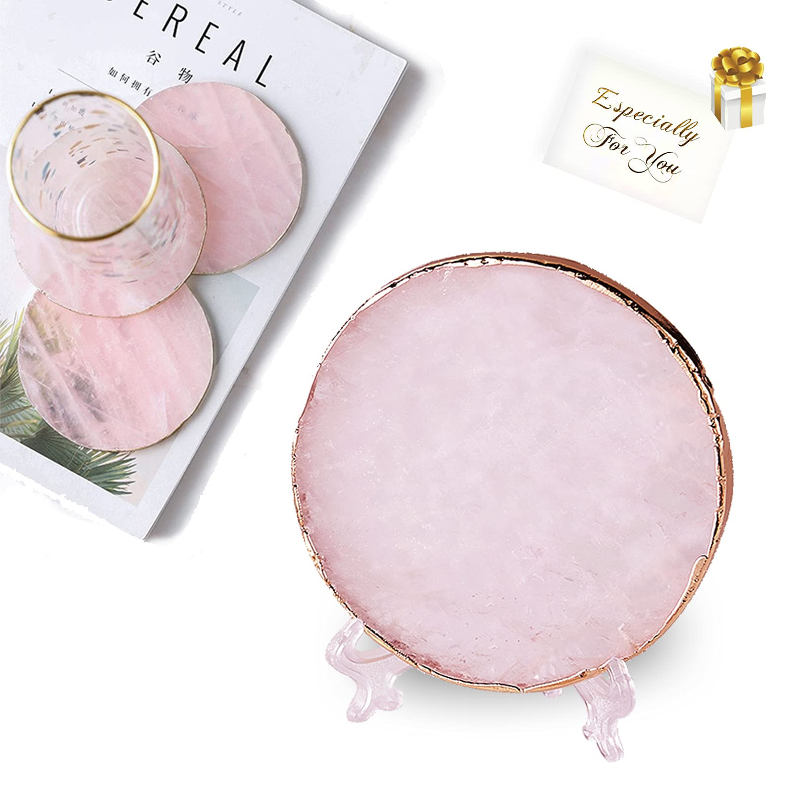 Rose Quartz Coaster Single with Stand (1Pcs),Pink Round Agate Coaster for Drinks,Natural Rose Crystal Stone with Golden Edge, Gemstone Geode Decor Gifts (1) | Amazon (US)