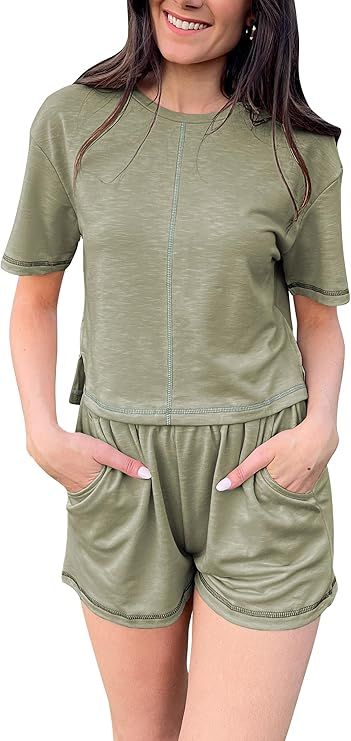 Angashion Women's Casual Lounge Sets: Summer Two Piece Outfit Short Sleeve Crew Neck Tracksuit So... | Amazon (US)