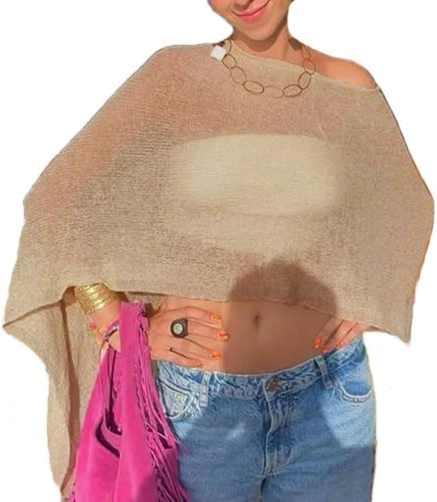 Women Sheer Poncho Top Knit Crochet Lightweight See Through Shawl Summer Shrug Beach Cover Up | Amazon (US)