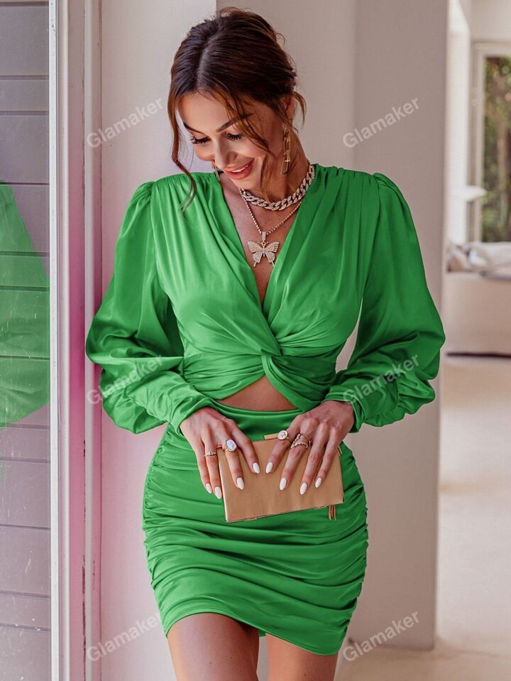 Glamaker Twist Front Ruched Cut Out Satin Dress | SHEIN