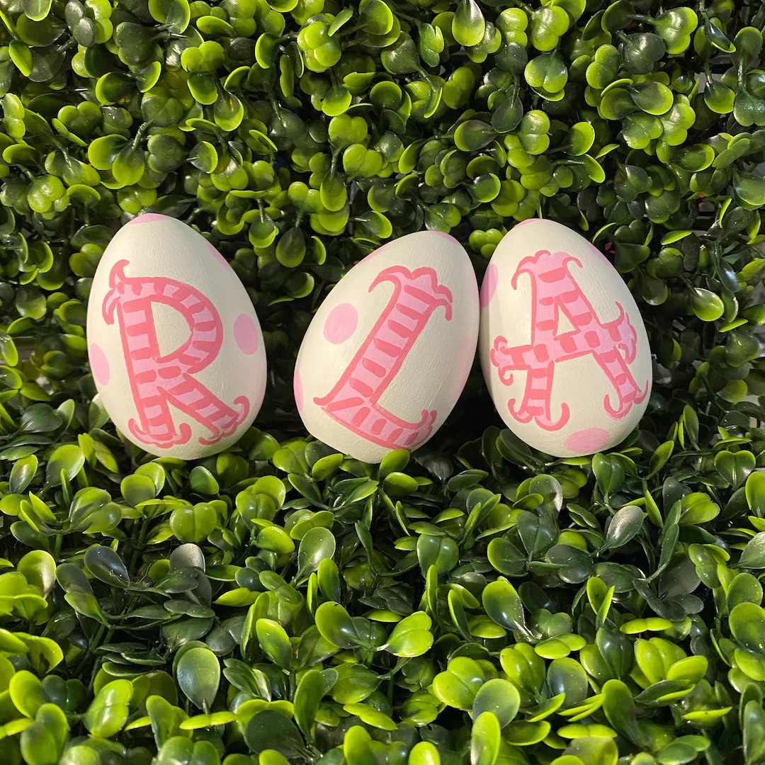 Easter egg with Initial vintage font personalization dots, pink dot painted kid Easter egg, wood ... | Etsy (US)