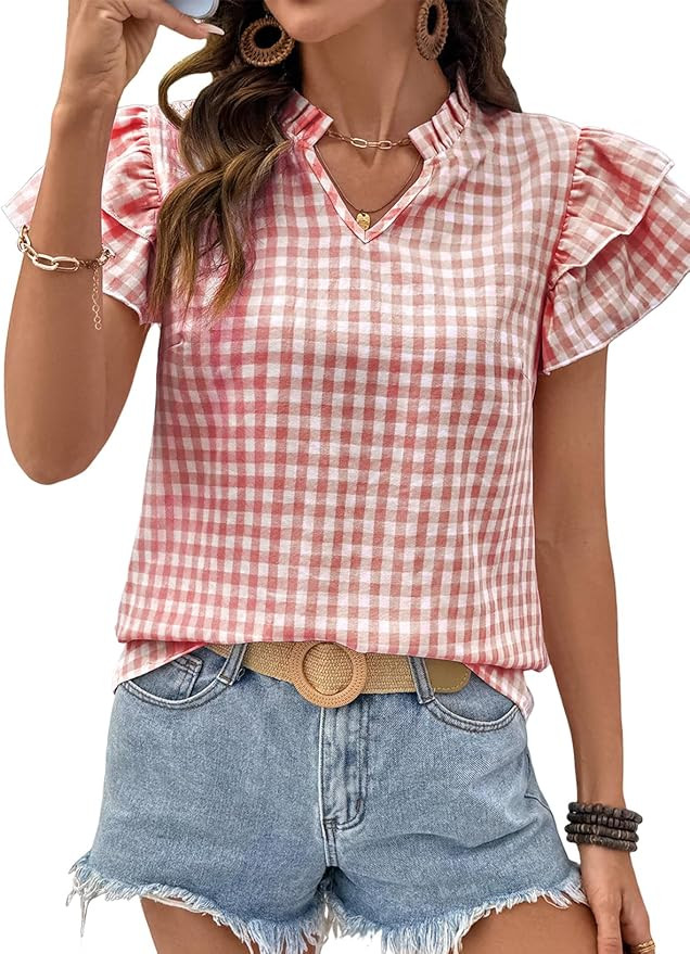 SHEWIN Womens Tops V Neck Ruffle Short Sleeve Gingham Shirts Blouses Cute Summer Tops for Women 2... | Amazon (US)