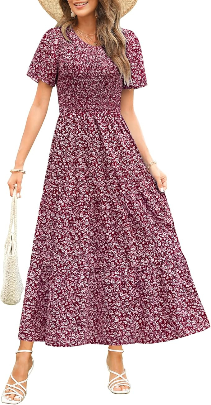 Maggeer Womens 2026 Summer Spring Smocked Wedding Guest Maxi Dress Casual Short Sleeve Floral Boh... | Amazon (US)