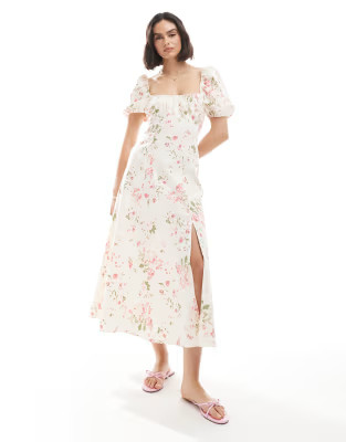 New Look puff sleeve milkmaid midi dress in cream floral | ASOS (Global)