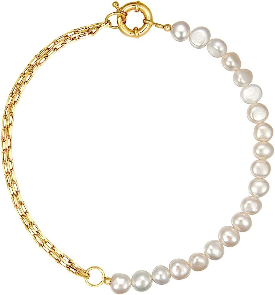 YorzAhar Double Layered Chunky Gold Statement Chain Link Choker Necklaces, Dainty Irregular Pearl... | Amazon (US)