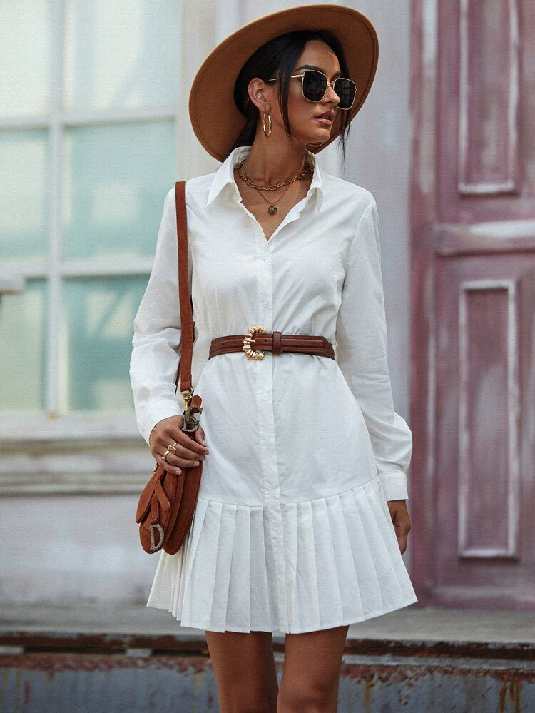 Solid Pleated Hem Shirt Dress Without Belt | SHEIN