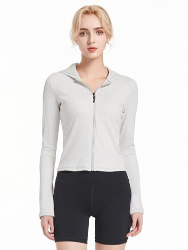 Abonlen Ribbed Hoodies for Women Lightweight Full Zip Up Jackets Long Sleeves Tops Fitted Cropped Sweatshirt(Grey,X-Large) | Amazon (US)