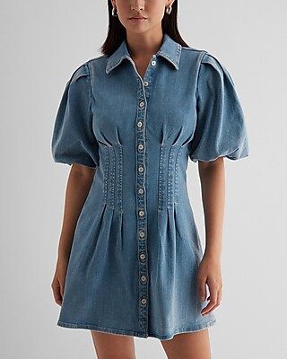 Denim Puff Sleeve Corset Button Up Mini Shirt Dress | Express