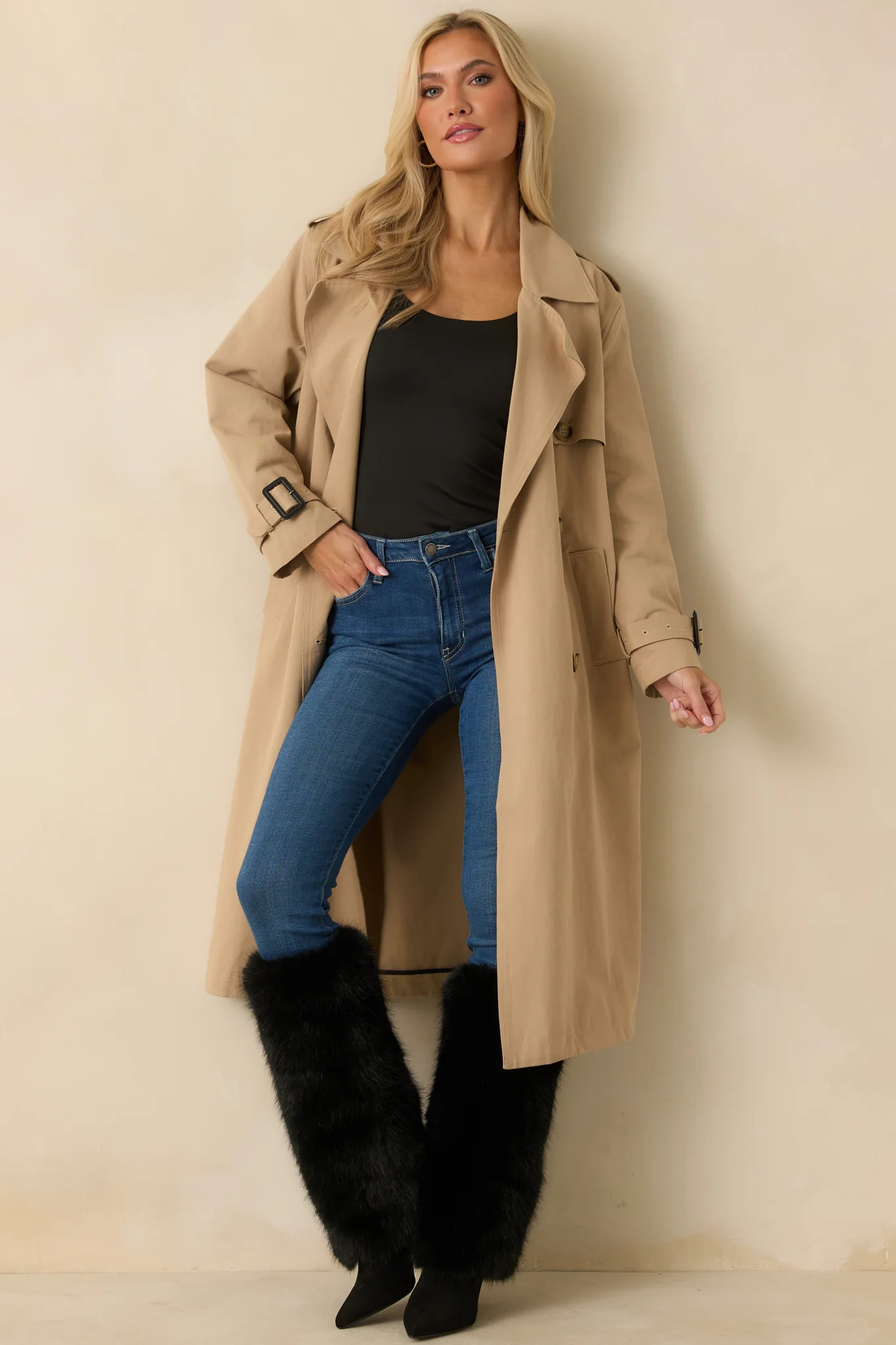 On the Avenue Tan Cotton Belted Trench Coat | Red Dress