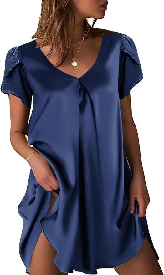 Ekouaer Women's Satin Nightgown Short Sleeve Sleepdress V-Neck Sleepwear Loose Silk Sleepshirt | Amazon (US)