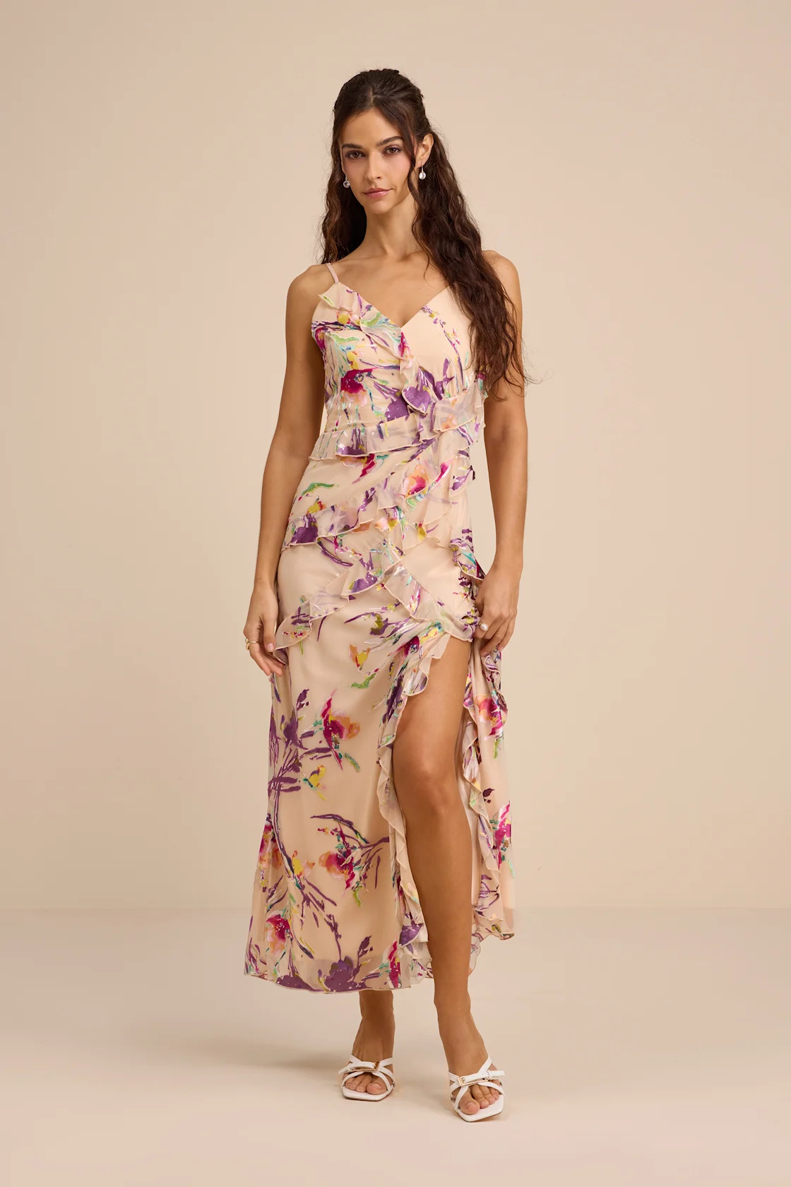 Neline Beige Multi Abstract Ruffled Maxi Dress | Lulus