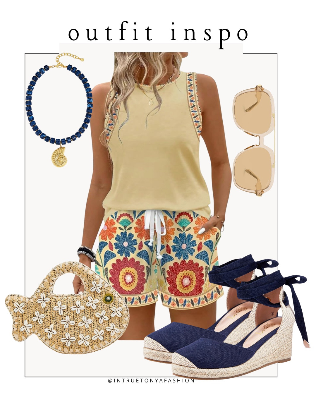 Tropical 2 piece set, wedge espadrille heels, fish purse, navy beaded necklace and sunglasses 








vacation outfits, tropical outfits, beach outfits, beach clothes, resort wear 2026, summer outfits, beach vacation outfit

#LTKootd #LTKTravel #LTKSaleAlert