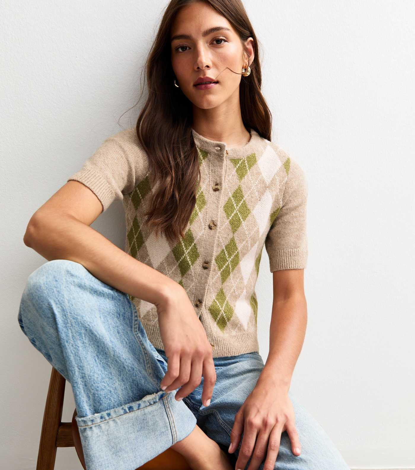 Brown Argyle Short Sleeve Crew Neck Cardigan | New Look | New Look (UK)