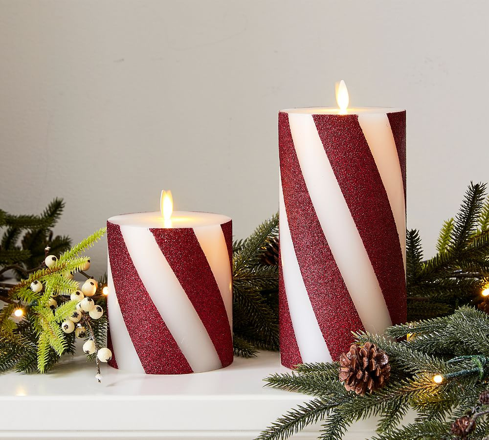 Premium Flickering Flameless Wax Pillar Candles - Candy Striped | Pottery Barn (US)