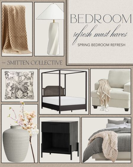 Bedroom refresh includes throw blanket, table lamp, throw pillow, vase, floral stem, canopy bed, accent chair, bedside table, duvet cover.

Home decor, spring must haves, bedroom, bedroom decor, bedroom must haves

#LTKfindsunder100 #LTKstyletip #LTKhome