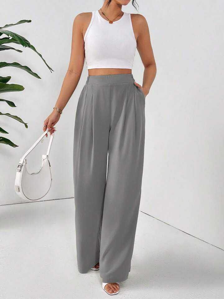 SHEIN Essnce Women Dress Pants Uniform Pants Teacher Pants Ladies' Commuting Black Striped Elasti... | SHEIN
