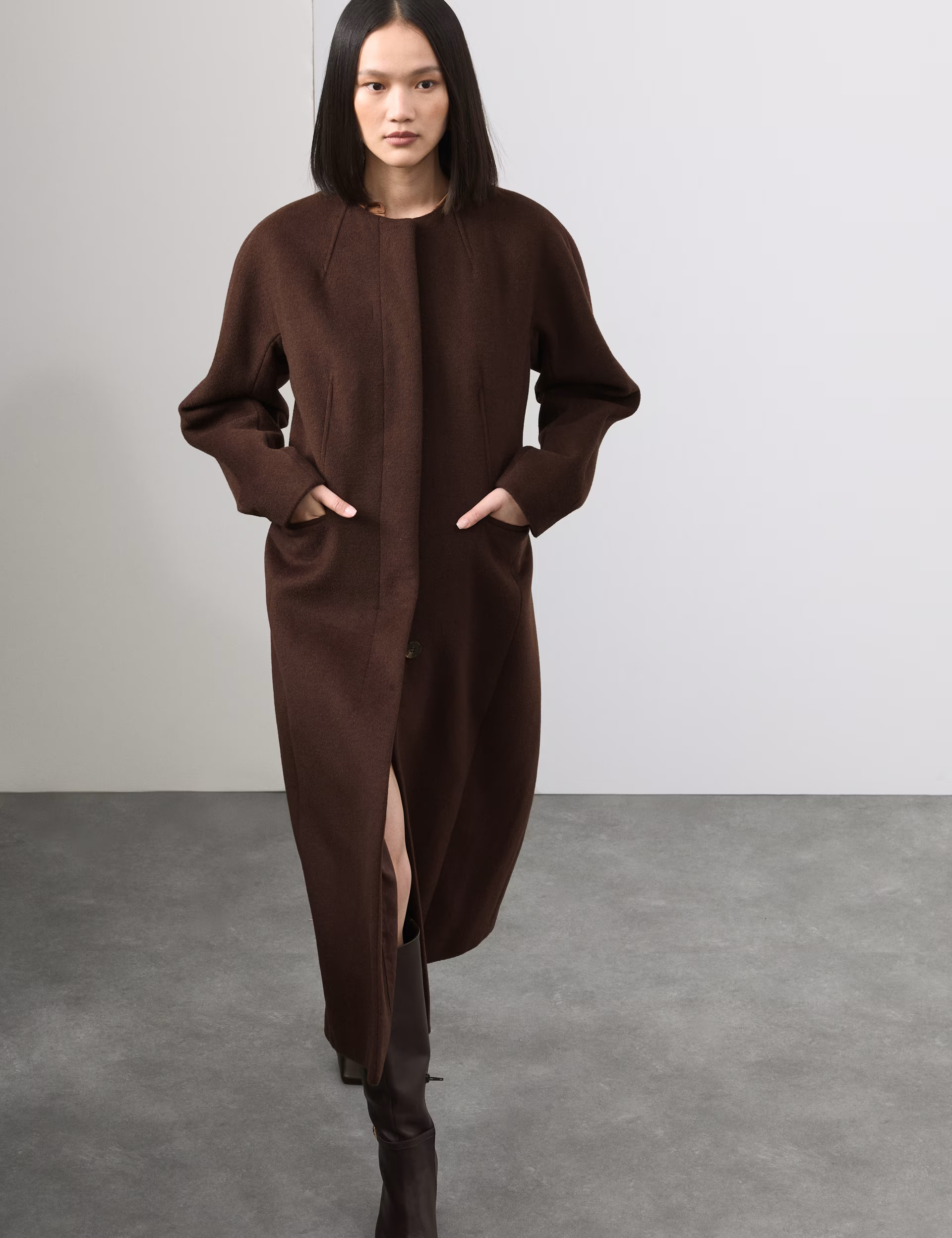 Wool Blend Collarless Longline Coat | Marks & Spencer (UK)
